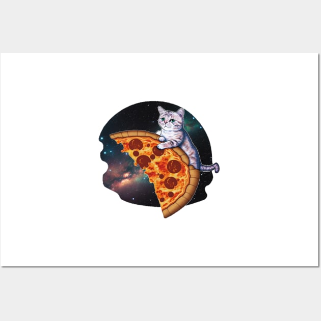 Cat retro vintage riding a slice of pizza in space Wall Art by Zachariya420